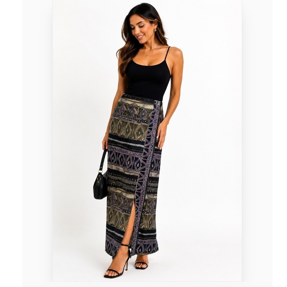 Dana Buchman 100% Silk Tribal Print Wrap Maxi Skirt Purple Green Lined  Size 10